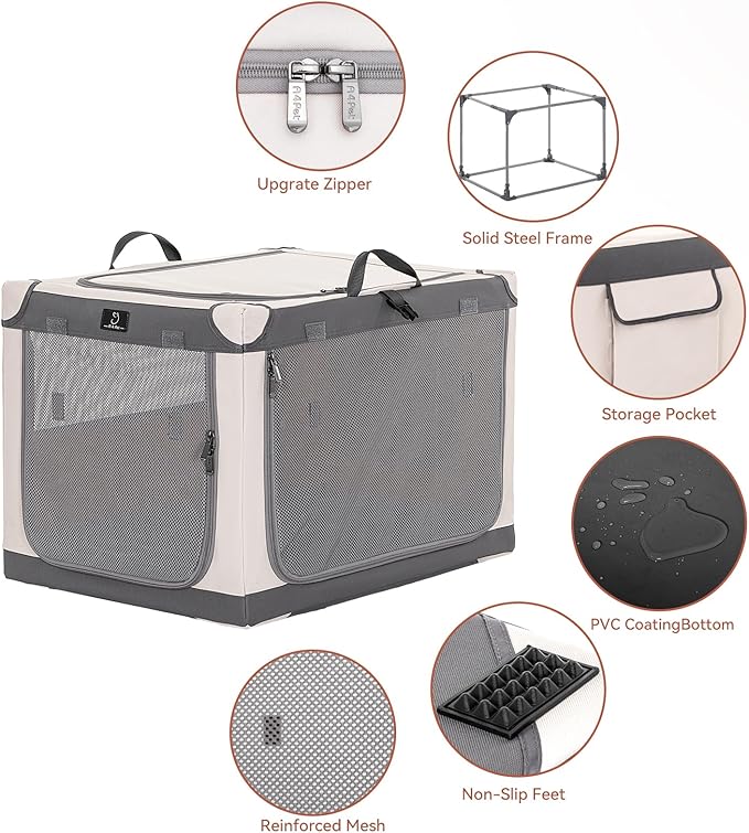A 4 Pet Soft Dog Crate 40 Inch Large Portable Collapsible Pet Travel Kennel, 3-Door Lockable Zippers & Reinforced Steel Frame, Easy Setup, Mesh Panels — Ideal for SUV, Car, Camping & Home Use