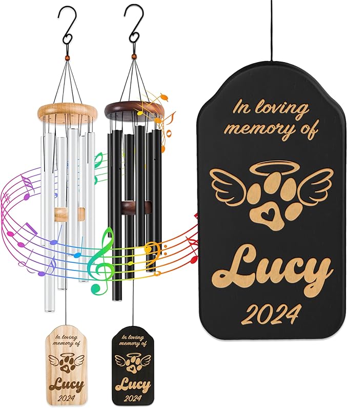 Personalized Dog Memorial Gifts for Loss of Dog Wind Chime w/Name & Date, in Loving Memory - Sympathy Gifts - 37" Custom Engraved Pet Memorial Wind Chime Gift - Black Color, D1