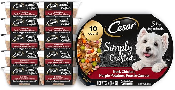 Cesar Simply Crafted Adult Wet Dog Food Meal Toppers, Beef, Chicken, Purple Potatoes, Peas & Carrots, 1.3 oz., 10 Count (Pack of 1)