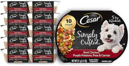 Cesar Simply Crafted Adult Wet Dog Food Meal Toppers, Beef, Chicken, Purple Potatoes, Peas & Carrots, 1.3 oz., 10 Count (Pack of 1)
