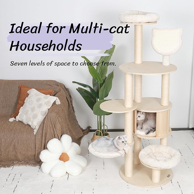 KAMABOKO 64" Tall Cat Tree - Wooden Cat Trees Tower with Cat Condo, Hammock & Top Perch, Modern Tall Cat Tree w/Natural Sisal Posts for Climb Scratch Play Rest