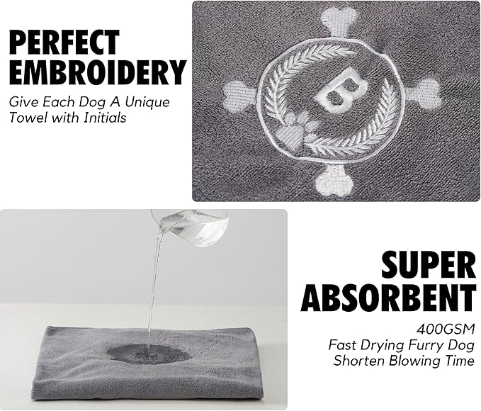 InnoBeta Personalized Dog Towels for Drying Dogs - Pack of 2 - Super Absorbent Soft Microfiber Pet Bath Grooming Towel for Dogs, Monogrammed Initial for Dogs (40 X 23.6 Inches, Grey and Brown) - G