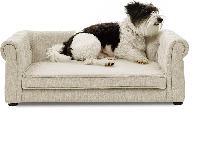GDFStudio Modern Linen Dog Sofa for Small and Medium Dogs Elevated Pet Bed with Armrests and Backrest Durable and Comfortable Upholstered Pet Furniture, Beige