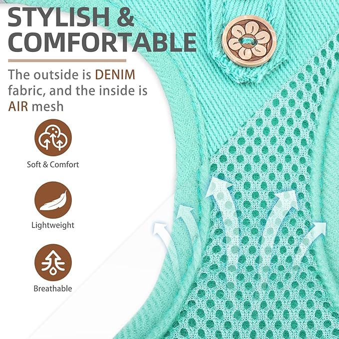 PUPTECK Dog Harness and Leash Set for Small Medium Dogs No Pull Step-in Soft Mesh Puppy Cat Vest Harnesses Reflective at Night, Denim Green S