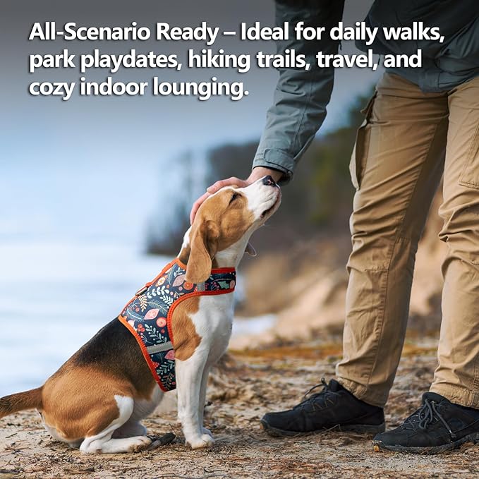 Dog Harness for Small Sized Dog,Hook-and-Loop Easy On/Off, Reflective Adjustable Soft Mesh Vest for Puppy (Navy Floral Print,M)