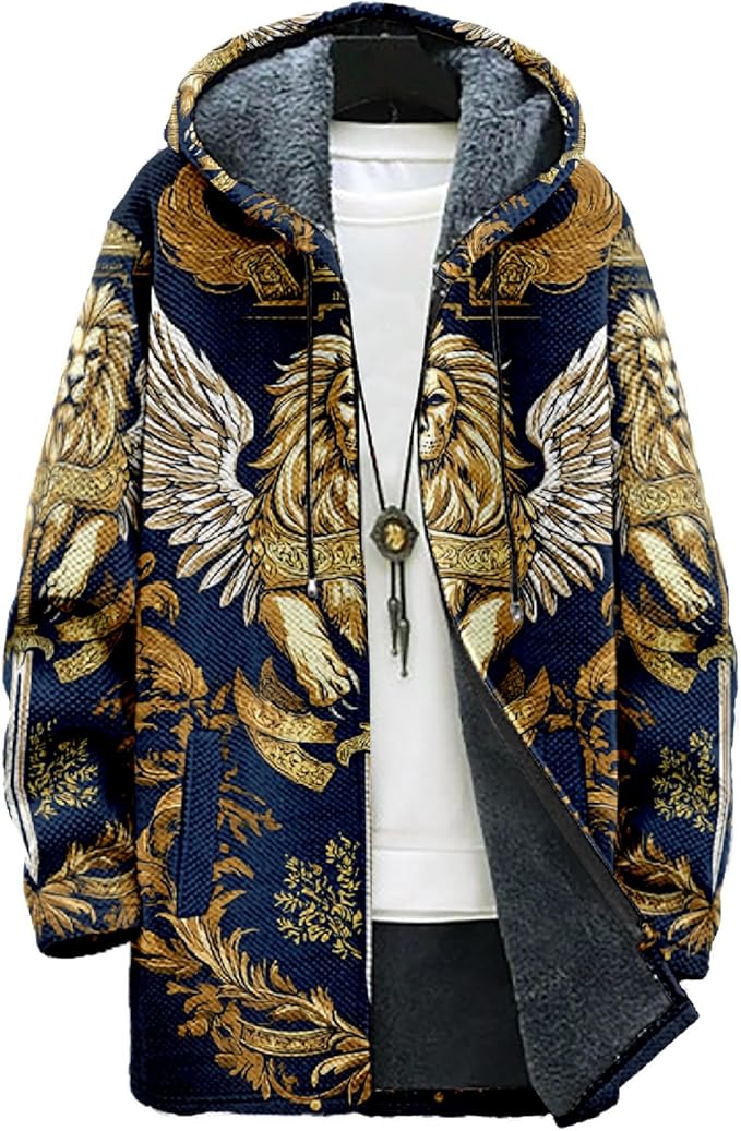 MARSVOVO Cool Hippie Long Cardigan Hoodies for Men Zipper Fleece Lined Knit Coat Skull Animal Print Graphic Jackets