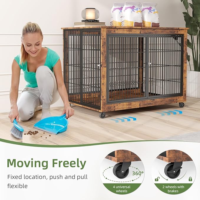 43" Movable Extra Large Dog Crate, Wooden Furniture Dog Crate with Top Access for Teasing/Feeding, 4 Rotating Wheels, Heavy-Duty Large Dog Kennel Indoor as End Table, Chew-Resistant, Brown