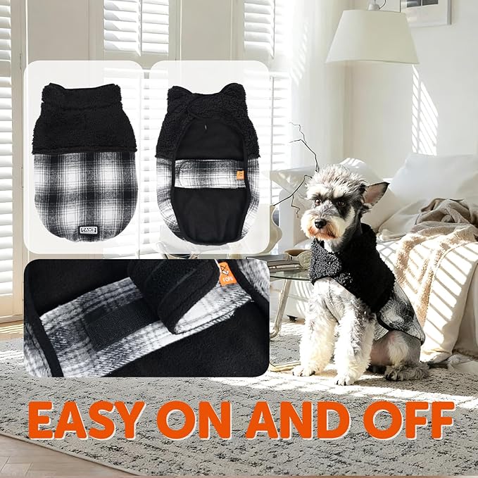FOFOS Dog Winter Coat, Plush Dog Jacket with Leash Hole, Adjustable Warm Pet Snow Vest for Small Medium Dogs, Black, S