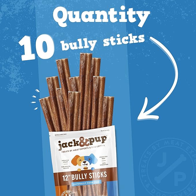 Jack&Pup 12 Inch Thick Bully Sticks for Large Dogs (12 Pack) Bully Sticks for Medium Dogs, Single Ingredient Dog Chew Sticks