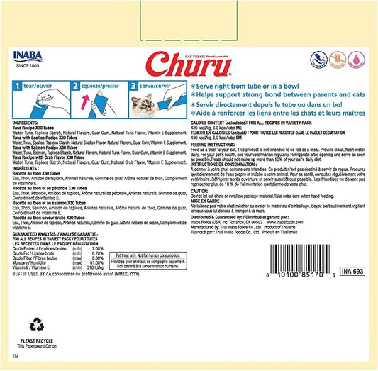 INABA Churu Cat Treats, Lickable, Squeezable Creamy Purée with Vitamin E, 0.5 Ounces per Tube, 120 Tubes Total, Tuna Variety