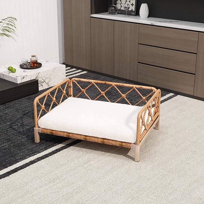 Wicker Dog Bed with 2" Cushion,Rattan Dog Sofa Bed for Small Medium Dogs– Indoor/Outdoor Metal Frame Pet Bed up 66lbs (Brown Rattan White Cushion)