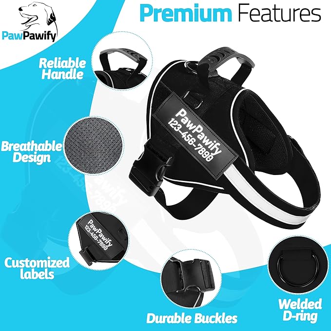 PawPawify Custom No Pull Dog Harness with Name and Phone Number, Heavy Duty Personalized Pet Vest to Prevent Tugging, Pulling, or Choking, Training and Walking (New Black, XL (Chest 28-35in))