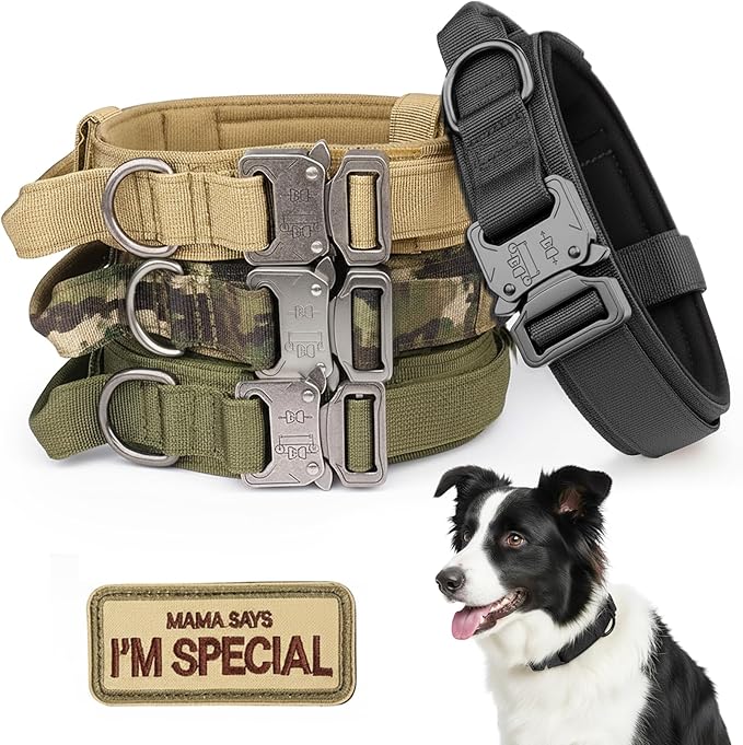 KCUCOP Tactical Dog Collar with Handle,Adjustable Military Dog Collar with Metal Buckle and Patches,Heavy Duty Dog Collars for Medium Dogs (Black-M)