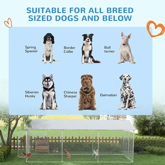 PawHut Outdoor Dog Kennel, Heavy Duty Dog Run Outdoor Fence with Waterproof Cover, Galvanized Chain Link, Secure Lock, for All Sized Breeds, Chickens, Ducks, 20' x 7.5' x 7.5'