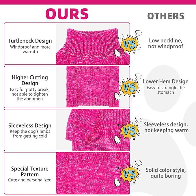 KOOLTAIL Dog Sweater for Large Medium Small Dogs, Fall Dog Sweaters, Turtleneck Cable Knitwear Pet Cold Weather Coats with Leash Hole, Warm Winter Pullover Clothes for Bulldog, Yorkie,Boy Girl, Rose M
