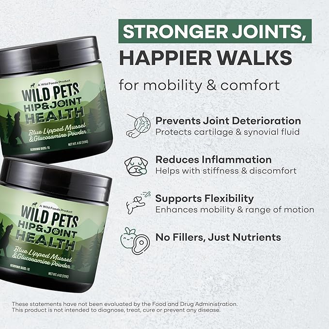 Wild Pets Blue Lipped Mussel & Glucosamine – Dual-Action Dog Hip & Joint Supplement – 500mg Mussel + 500mg Glucosamine per Scoop – 6oz/120 Servings – Higher Protein Than Green lipped Mussels for Dogs