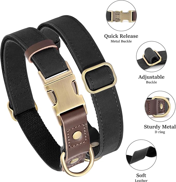 Didog Soft PU Leather Dog Collar for Large Dogs,Classic Adjustable Wide Dog Collars with Quick Release Metal Buckle,Easy Clean and Comfortable with Nylon Lining,Black,XL Neck 17-26", Width 1¼''