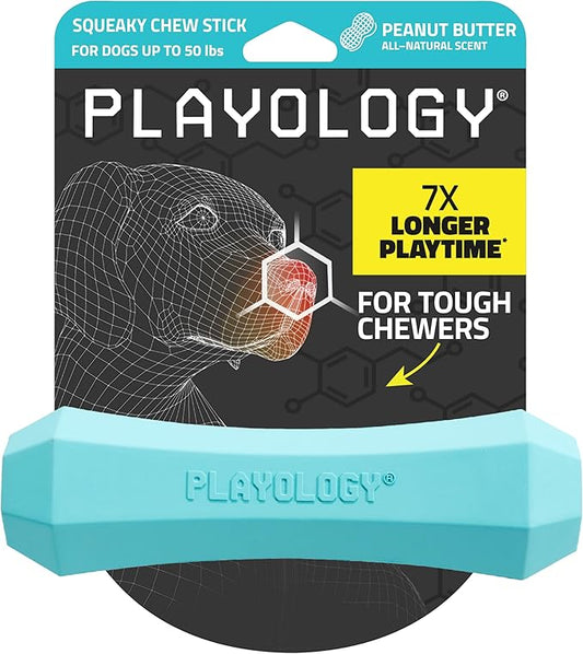Playology Dog Toys | Durable Squeaky Chew Stick for Dogs | Medium Peanut Butter Scented Toy - Easy to Clean and Made from Non Toxic Materials