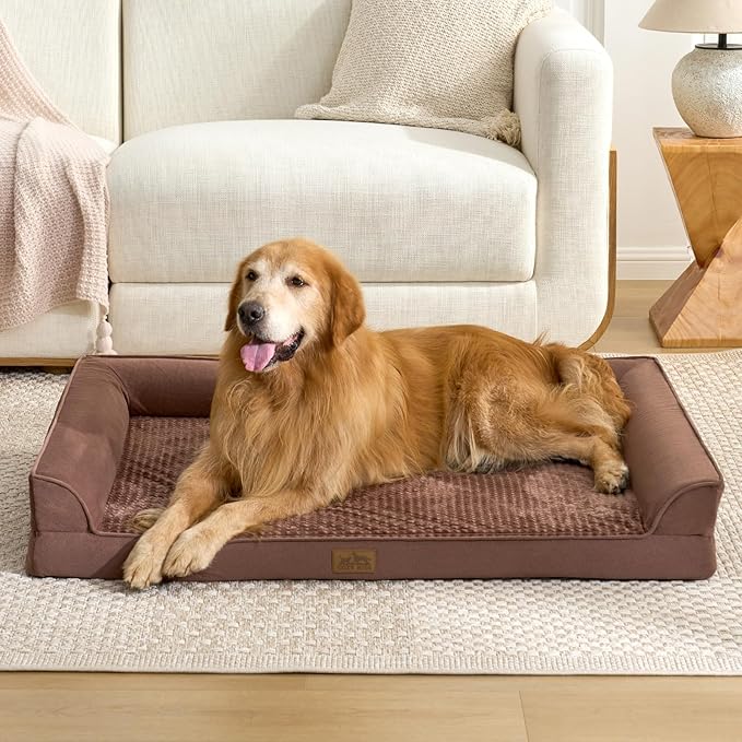 Dog Beds for Extra Large Dog, XXL Bolster Pet Couch with Waterproof Lining, Egg Crate Foam Sofa for Pets Up to 150 lbs, U-Shaped, 48x35x8 inch, Brown