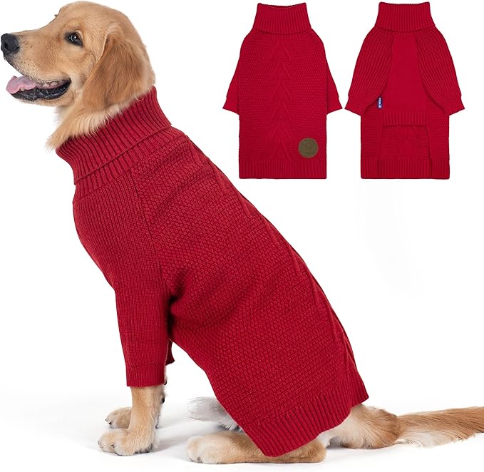 cyeollo 2XL Dog Christmas Sweater, Warm Stretchy Sweaters for Large Dogs Girl, Pullover Knitted Thermal Winter Big Dog Clothes with Sleeves, Turtleneck Pet Beagle Border Collie Apparel, Red XXL