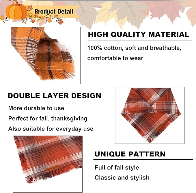 ADOGGYGO Fall Dog Bandana with Tassels Edges, Orange Red Plaid Pet Scarf Bib, Multiple Sizes Offered, Halloween Thanksgiving Fall Bandanas for Medium Large Dogs Pets (Large)