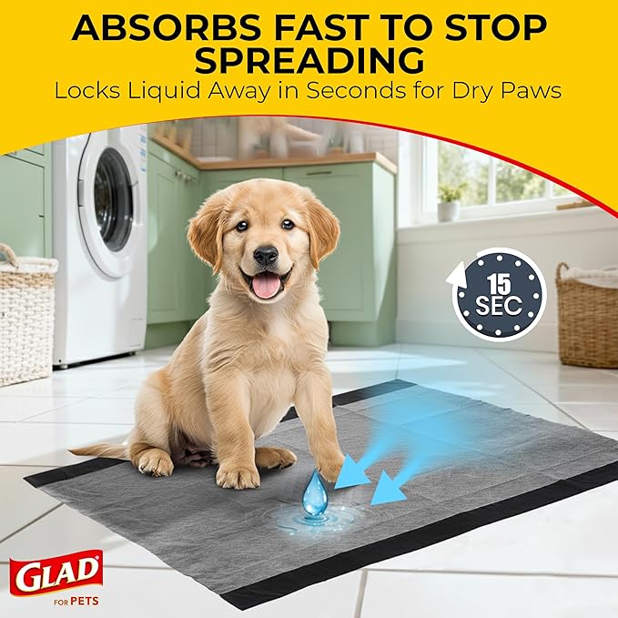 Glad for Pets JUMBOSIZE/XL Charcoal Puppy Pads, AllinOne Black Training Pads That ABSORB & Neutralize Urine Instantly New & Improved Quality, 50 Count (Pack of 1)