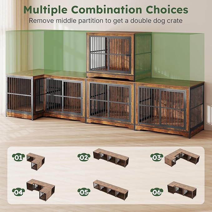 42 in Dog Crate, XL Dog Crate Furniture with 3 Doors, Wooden Dog Furniture Crate for Medium Dogs Large Breed, Heavy Duty Dogs Kennel End Table, Multiple Units Can be Combined or Stacked