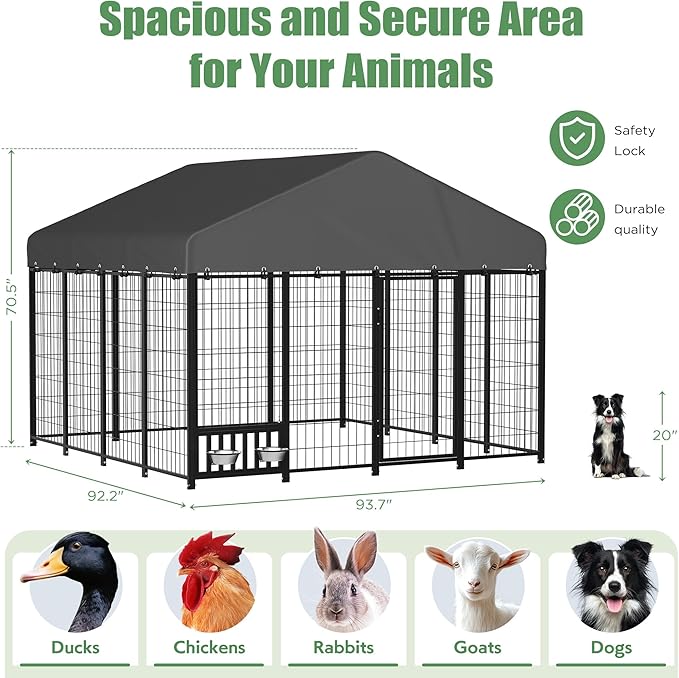 Heavy Duty Outdoor Dog Kennel for Yard, 8x8 Medium Steel Chain Link Fence with Roof, Dog Run Enclosure with Feeding Bowl & Self-Locking Latch