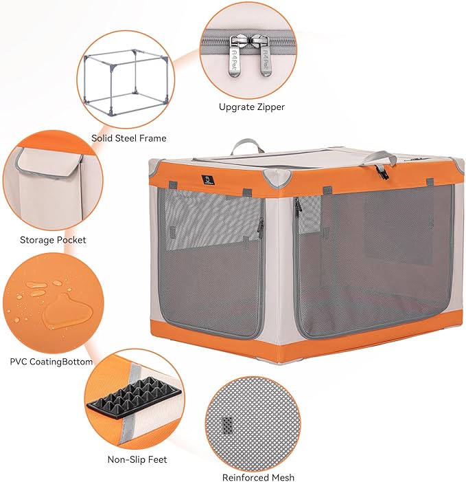 A 4 Pet Soft Dog Crate 40 Inch Large Portable Collapsible Pet Travel Kennel, 3-Door Lockable Zippers & Reinforced Steel Frame, Easy Setup, Mesh Panels — Ideal for SUV, Car, Camping & Home Use