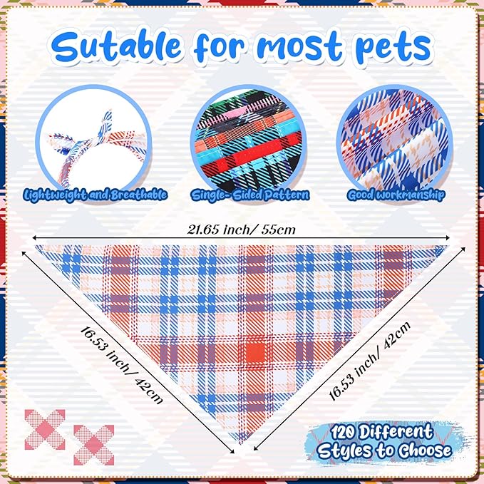 Amylove 120 Pcs Christmas Dog Bandanas Bulk Thanksgiving Day Holiday Triangle Dog Pack Puppy Kerchief Bandana Adjustable Pet Scarf for Pet Cat Costume Accessories Decor(Plaid)