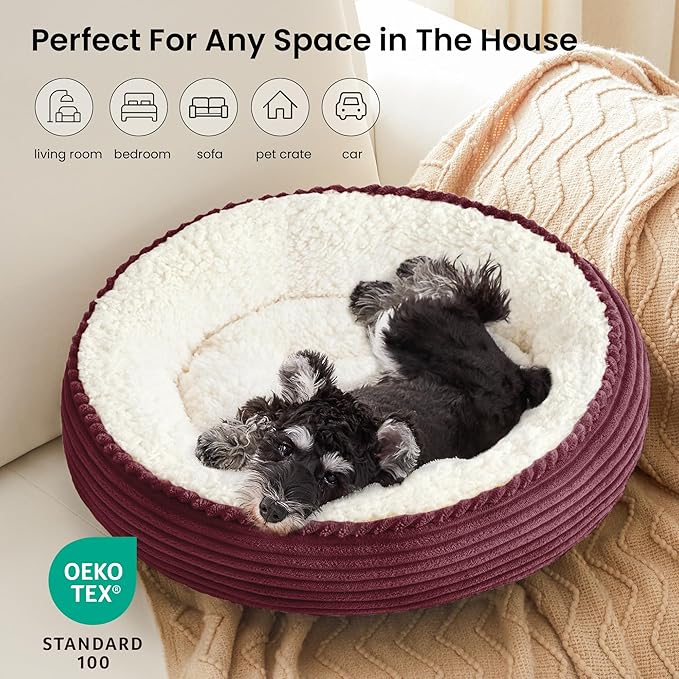 Love's cabin Round Donut Cat and Dog Cushion Bed, 25in Pet Bed for Small or Medium Dogs, Anti-Slip & Water-Resistant Bottom, Soft Durable Fabric Pet Beds, Washable Calming Cat Bed Burgundy Stripe