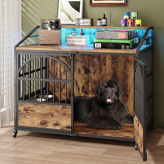 44 Inch Heavy Duty Dog Crate Furniture with 3 Doors, Dog Kennel with 360° Stainless Steel Bowls, Lockable Wheels, Wood Dog Cage End Table with Led Light, Pet Crate Dog Cage for Large/Medium/Small Dogs
