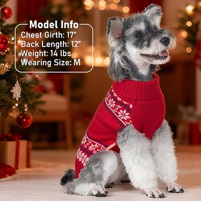 KYEESE Dog Christmas Sweater, Soft and Stretchy Turtleneck Dog Sweater for Small Dogs Boy Girl with Reindeer Pattern, Knit Winter Holiday Doggie Outfit with Leash Hole, Large
