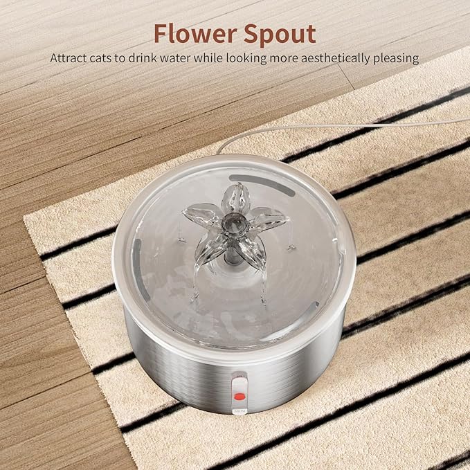 Stainless Steel Cat Water Fountain, 68oz/2.0L Cat Fountain with Flower Waterfall Spout Pet Water Fountain for Cats Indoor, Dog Water Fountain with Sponge