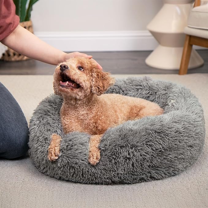 Furhaven 23" Round Calming Donut Dog Bed for Indoor Cats & Small Dogs, Washable, For Dogs Up to 20 lbs - Shaggy Plush Long Faux Fur Donut Bed - Gray, Small, 23.0"L x 23.0"W x 9.0"Th