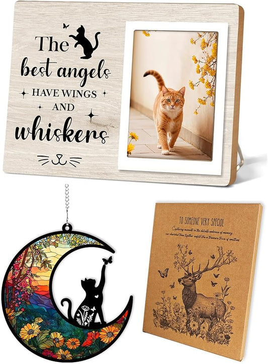 Memorial Picture Fram&Cat Memorial Suncatcher Gift Set, Pet Picture Frame, Sympathy Gifts for Loss of Loved Pet, Bereavement Gifts for Loss of Cat, Remembrance Photo Frame or Memorial Gift, Fits 4x6In Photo(MXK01)