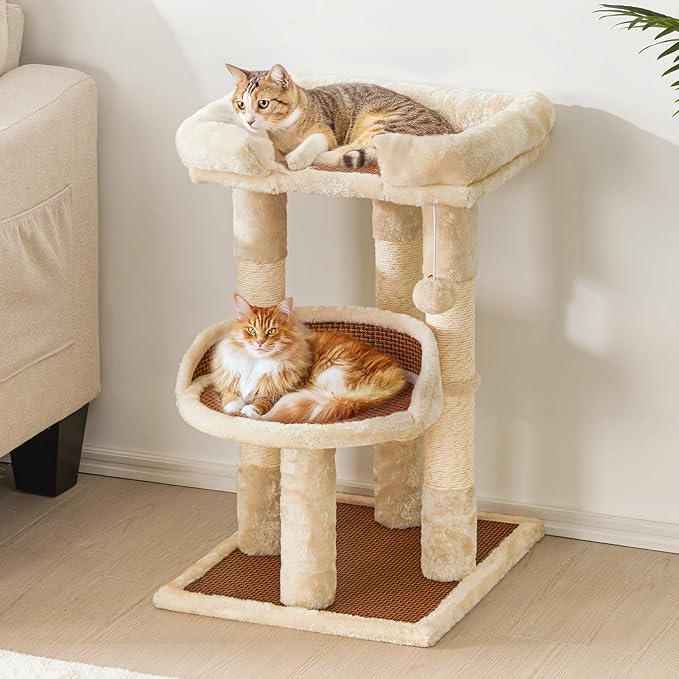 Multi-Level Cat Tower with Scratching Posts, Cat Tree with Double Cat Bed & Hanging Toys, Cute Climbing Tower with Sisal Scratcher for Kittens & Adult Cats, Cream White