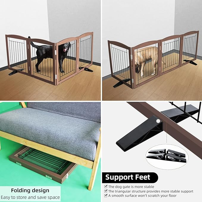 ZJSF Freestanding Dog Fence Indoor, Foldable Dog Gate for Doorways, Stairs or Hallways, Sturdy Wood Extra Wide Pet Gate with Support Feet for The House, Brown, 32 "Height-4 Panels