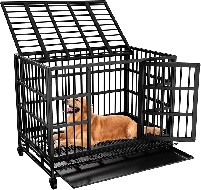 JY QAQA 48/38 Inch Heavy Duty Indestructible Dog Crate Double Doors Escape Proof Cage Kennel,Enhanced Metal Pet Cage,Extra Large XL XXL Crate Indoor for Large Dog with Removable Tray,Lockable Wheels