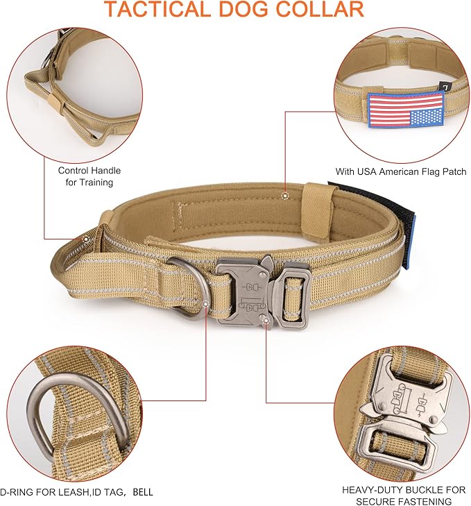 KCUCOP Heavy Duty Tactical Dog Collar and Leash Set, Military Training Nylon Reflective Collar with Handle Metal Buckle for Medium Large Dogs,Brown, XL (1 Patch Included)