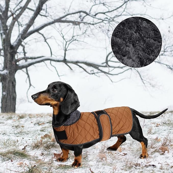 Warm Thermal Quilted Dachshund Coat,Dog Winter Coat with Warm Fleece Lining,Outdoor Dog Apparel with Adjustable Bands for Medium,Large Dog-Brown-XS