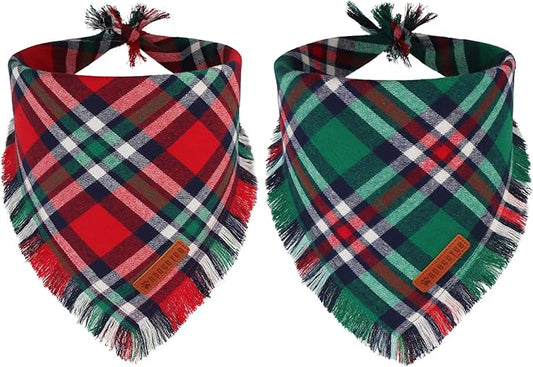 ADOGGYGO Christmas Dog Bandanas with Tassels, Festive Red Green Plaid Xmas Puppy Scarf Bib, Soft Cotton Fabric, Pet Christmas Bandanas for Small Dogs (Small)
