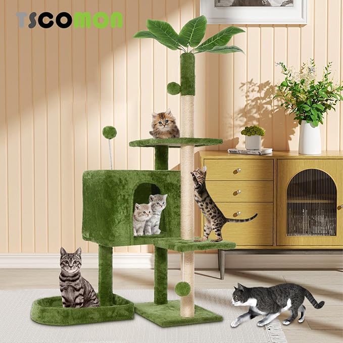 52" Cat Tree Cat Tower for Indoor Cats with Green Leaves, Multi-Level Cozy Plush Cat Condo Cat House Scratching Posts for All Breeds Sizes