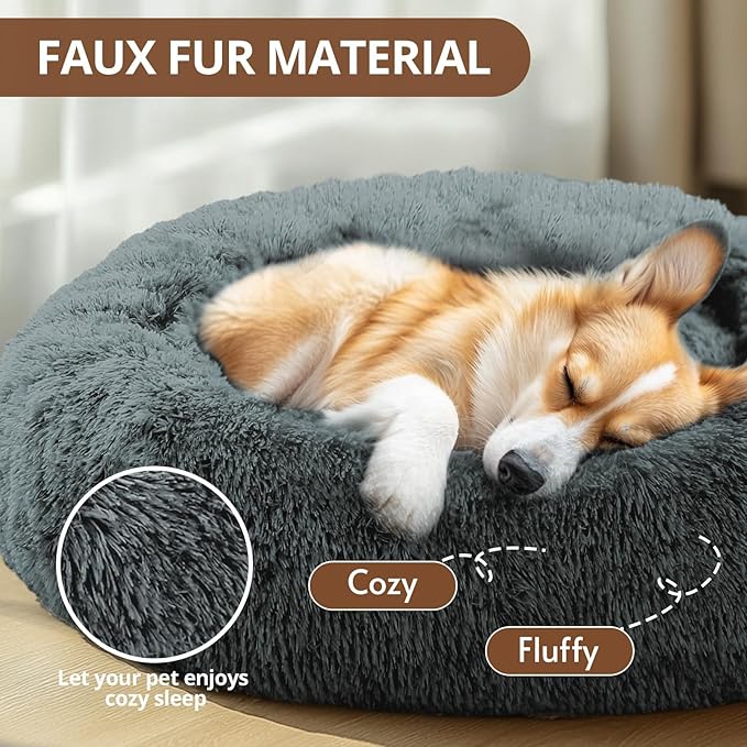 JOLLYVOGUE Small Dog & Cat Beds for Indoor Cats, Donut Cuddler Warming Soft Dog Beds with Anti-Slip Bottom, Round Calming Fluffy Plush Faux Fur Cushion Bed for Small Dogs (23")