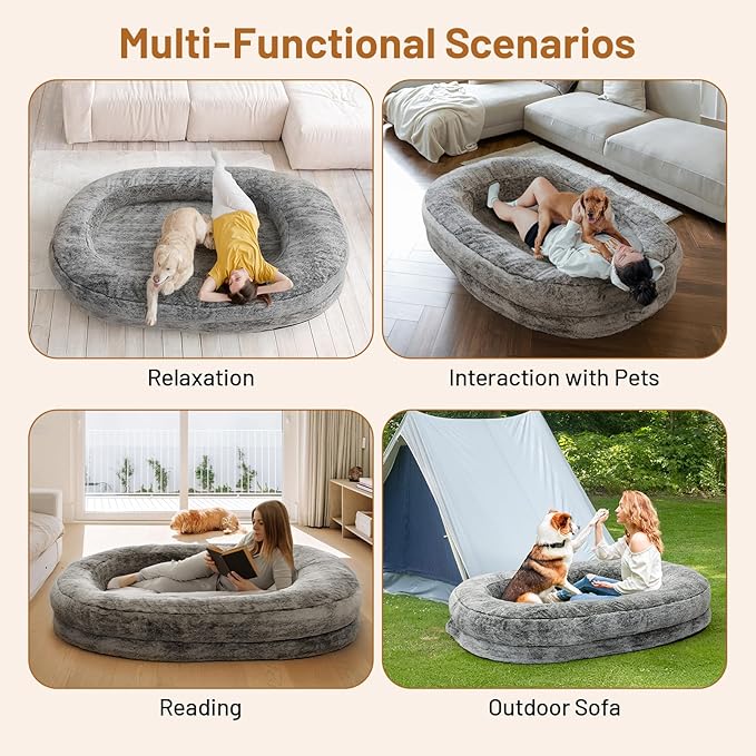 Luxury Plush Donut Pet Bed, Large Round Cushioned Dog Bed, Gray (Plush Surface)
