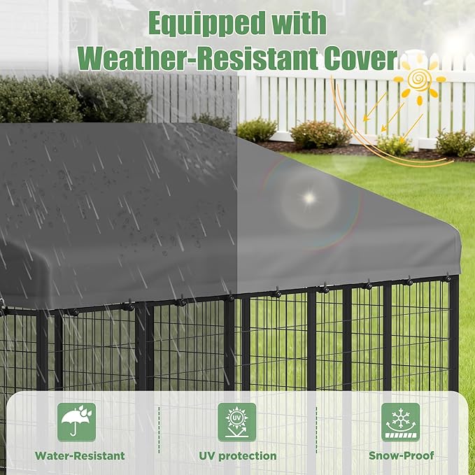Heavy Duty Outdoor Dog Kennel for Yard, 10x10 Large Steel Chain Link Fence with Roof, Dog Run Enclosure with Feeding Bowl & Self-Locking Latch