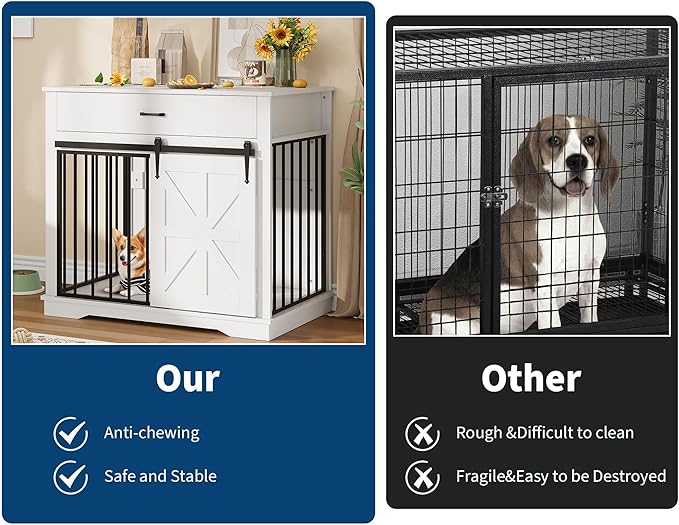 37.8" Dog Crate Furniture, Farmhouse Style 2-in-1 Dog Crate with Sliding Barn Door for Small/Medium Dogs, Dual Function as Side Table with Storage Drawer, 2-in-1 Iron-Wood Fusion Design, White