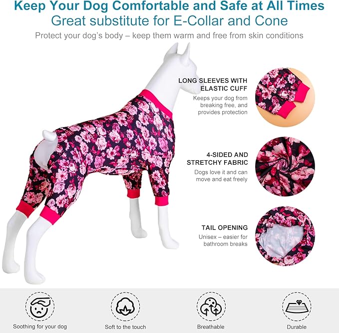 LovinPet Dog Pjs Pitbull Boy - Pet Anxiety Relief Onesies, Sun Protection Dog Shirt, Comfy Stretchy Fabric, Berry Roses Print, Big Dog Surgery Recovery Pajamas, Pitbull Clothes, Pink M