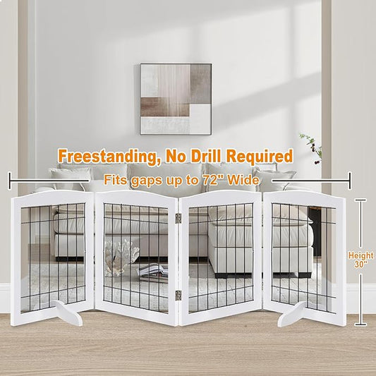 LZRS 4-Panel Freestanding Wooden Dog Gate—Extra Wide 30” Tall Foldable Pet Barrier with Support Feet, Solid Hardwood & Steel Wire Chew-Resistant Safety Gate for Doorways, Hallways, and Stairs, White