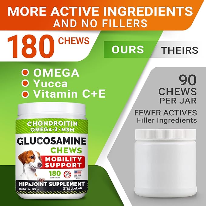 Glucosamine Treats for Dogs - Joint Supplement w/Omega-3 Fish Oil - Chondroitin, MSM - Advanced Mobility Chews - Joint Pain Relief - Hip & Joint Care - Hickory Bacon Flavor - 180 Ct - Made in USA